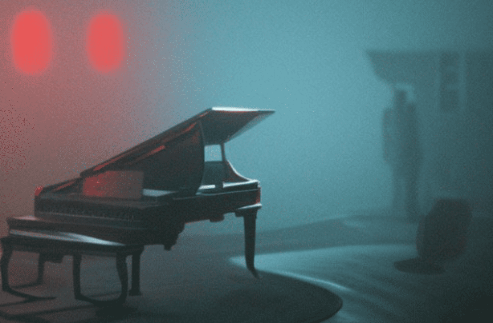 The Constant Self - an AI generated piano and figure in a misty blue and red room